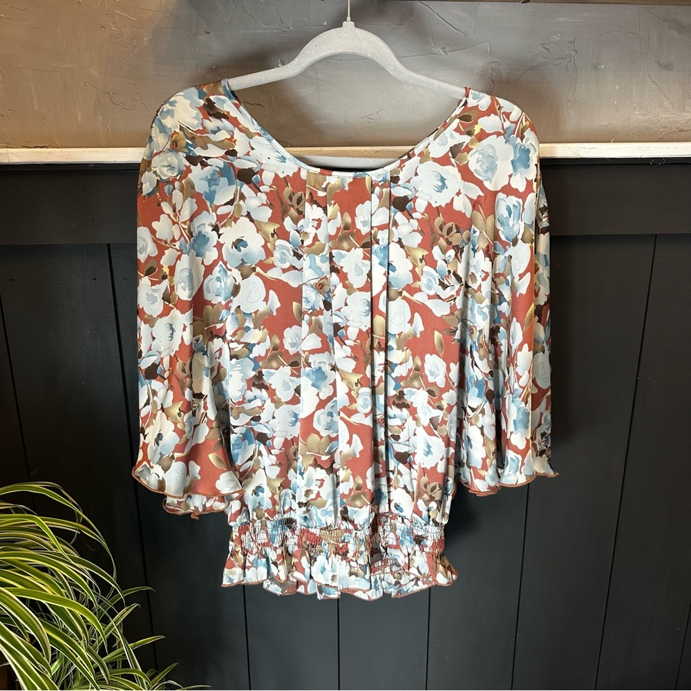 NY Collection Floral Silky Boho Blouse‎ Top size Medium